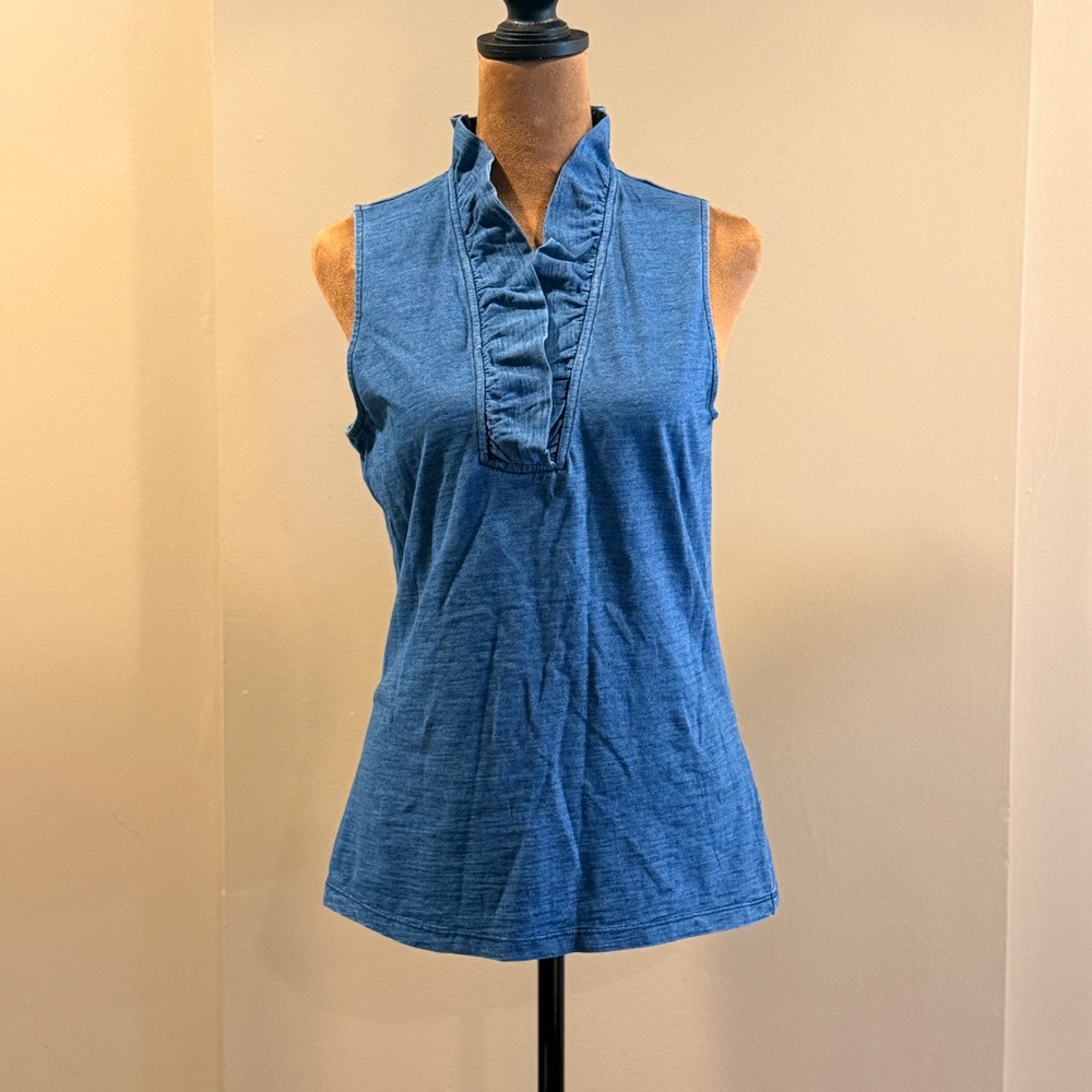 J.McLaughlin Ruffle Tank Women S Blue Cotton Sleeveless Slub V-Neck Top Preppy